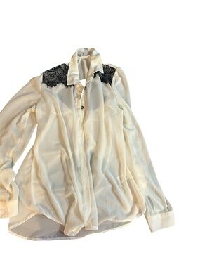 Cream Sheer Button-Front Top with Black Lace Accents